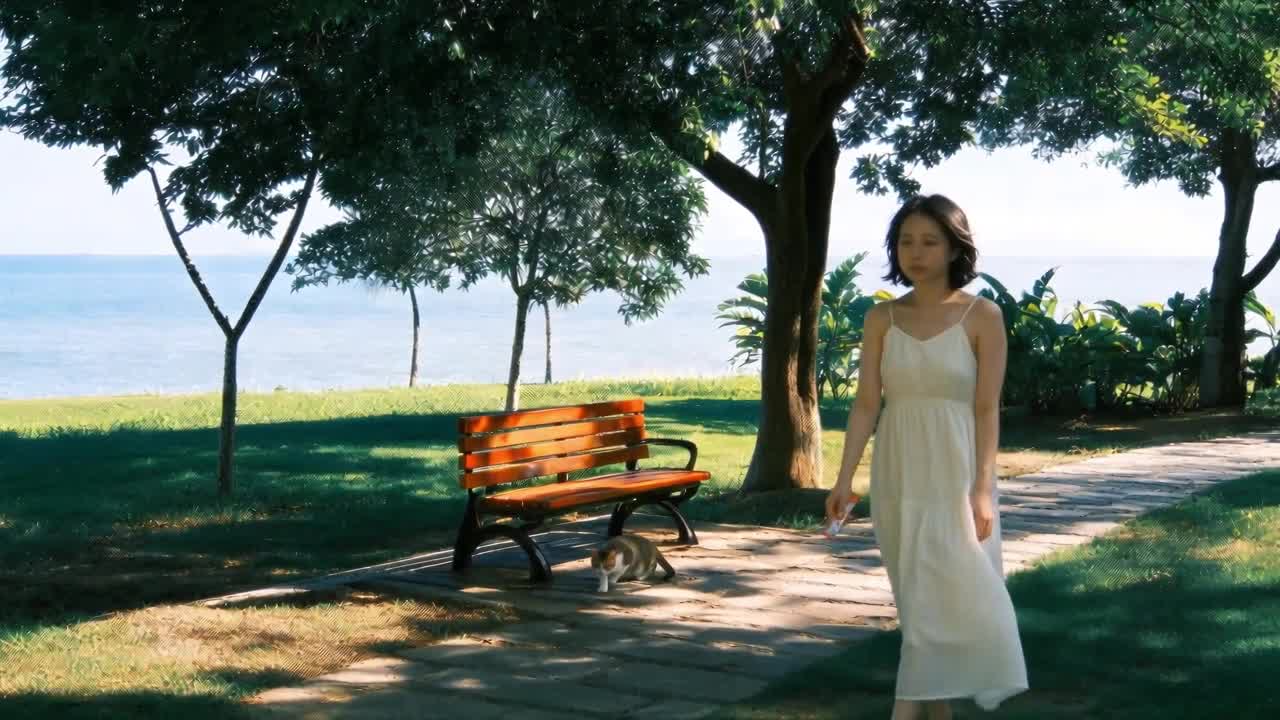 AI短片中的海边树荫与白裙人物
